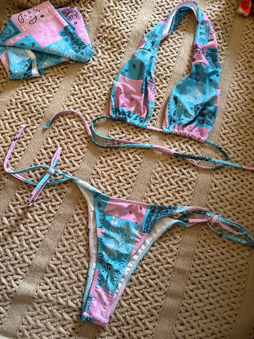 Pink and Teal Bandana Print Bikini Set with headscarf